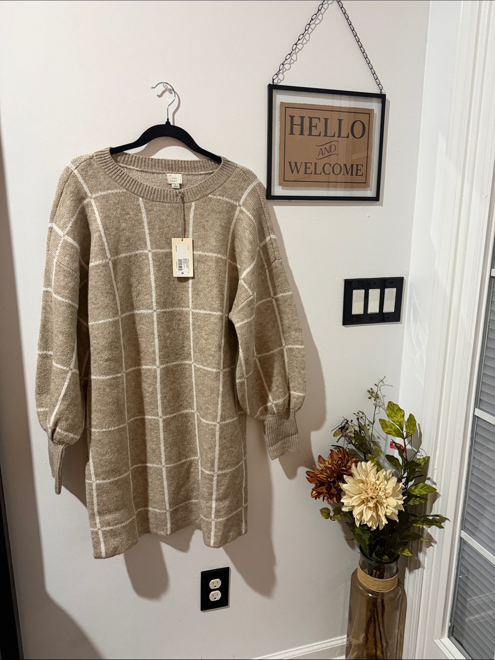 a new day Taupe and White Windowpane Knit Sweater Dress